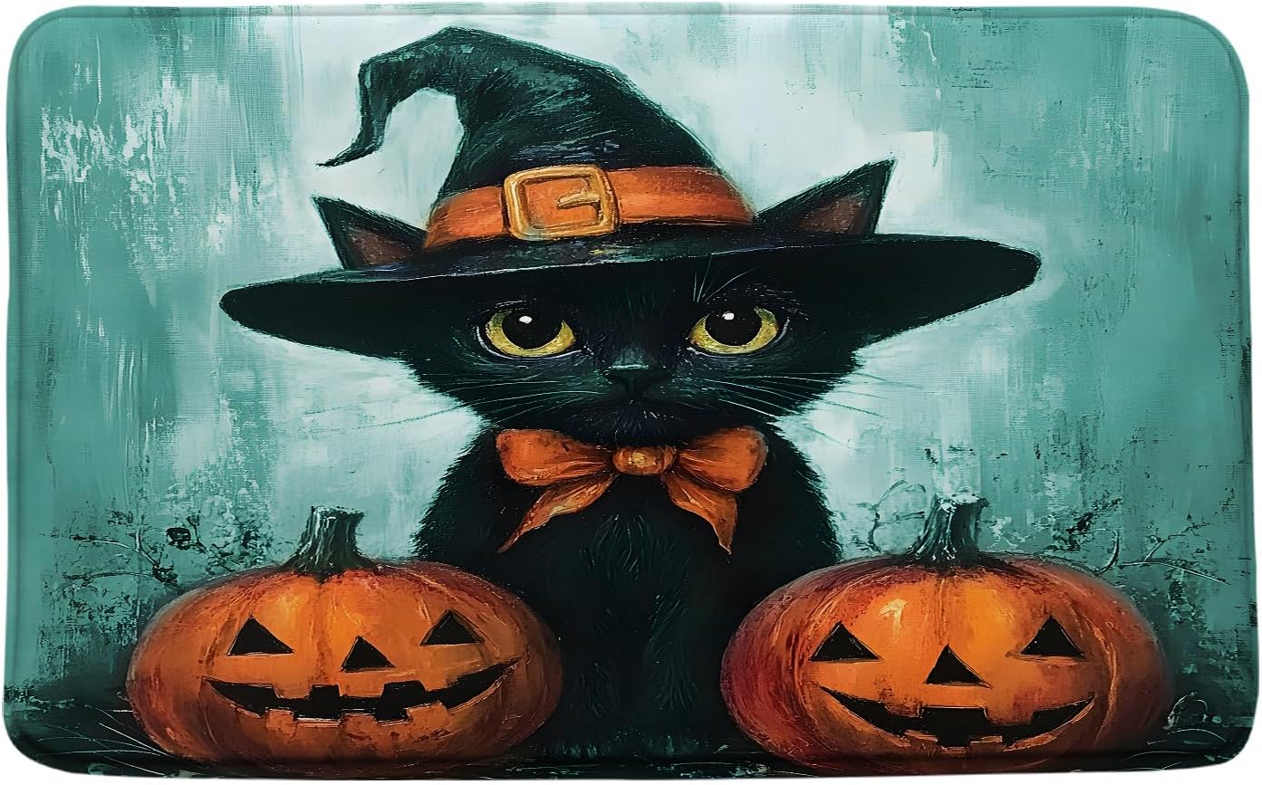 AMFD Spooky Halloween Bath Mat Horror Funny Black Cat Witch Hat Pumpkin Gothic Oil Painting Boho Bathroom Bathtub Floor Rugs Doormat Toilet Decor,24 x 70 in