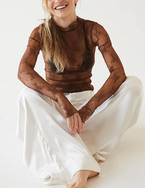 Ugerlov Lace Tops for Women Long Sleeve Mesh Tops Sheer Shirts Brown XS by Ugerlov - Used condition - Image 3