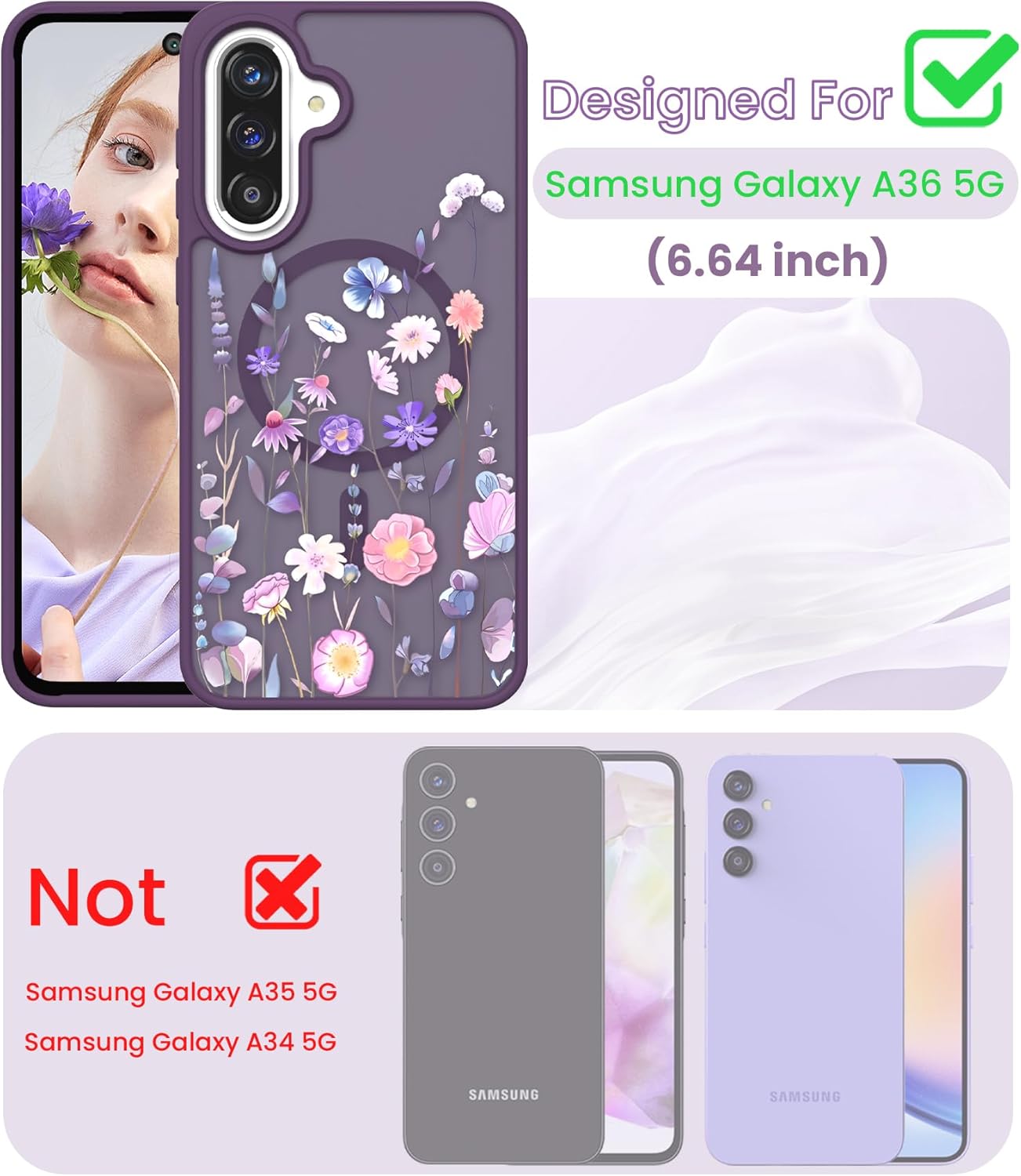 for Samsung Galaxy A36 5G 6.7 inch Floral Phone Case with 2X Screen Protector, Military Grade Magnetic Translucent Matte Girls Women Flower Pattern Protective Cover for A36 5G (Deep Purple) - Image 2