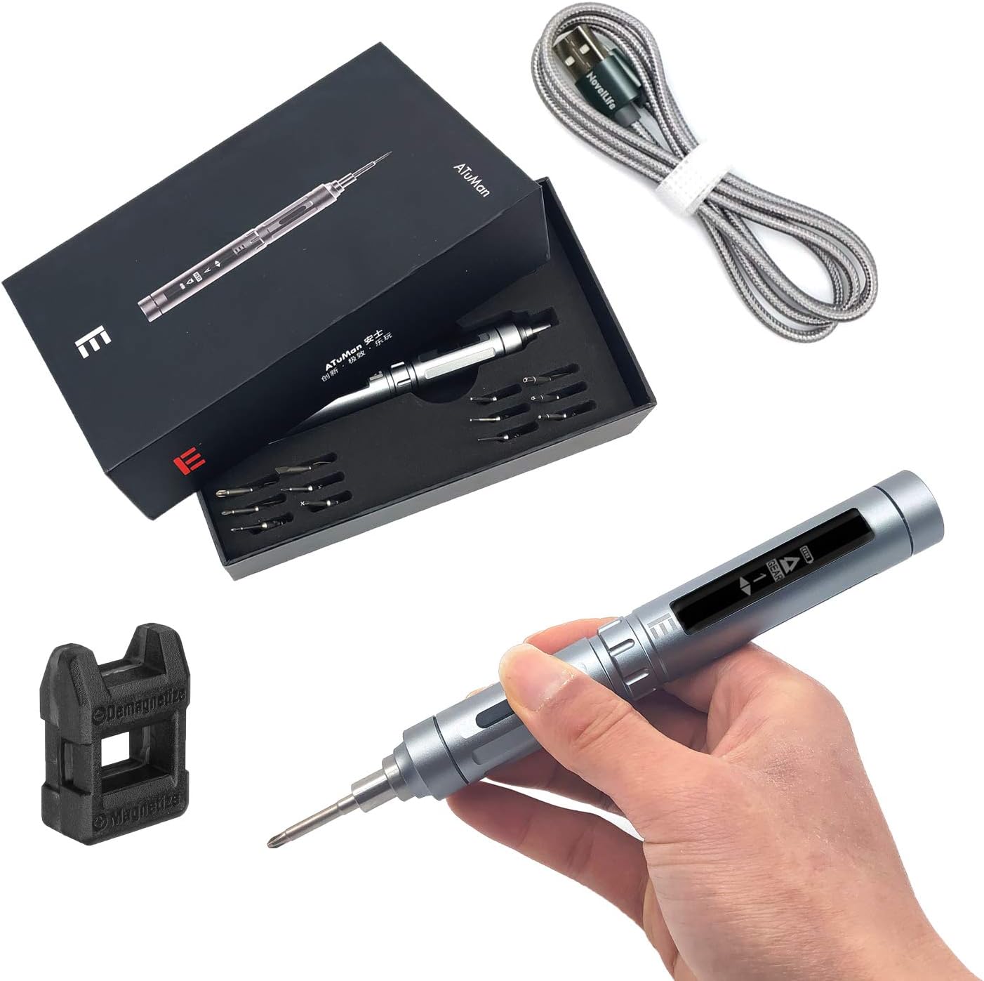 NovelLife E3 Mini Precision Electric Screwdriver,Compact Cordless Power Screw Driver Set,12pcs 1/8" Magnetic Bit Kit,3.7V Rechargeable Lithium Battery Operated with USB Charging,Adjustable Torque
