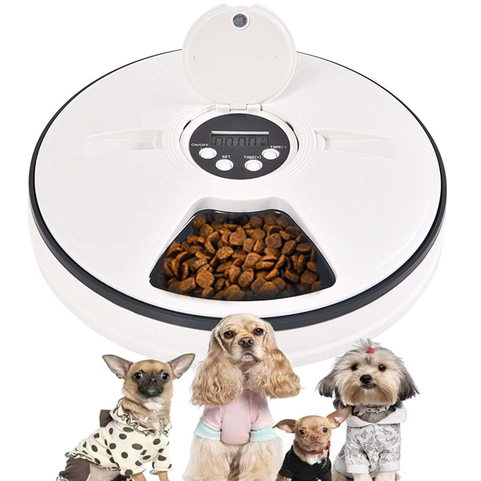 Alimentatore Automatico per Cani E Gatti, Distributore di Cibo Secco O Umido, 6 Vassoi con Controllo delle Porzioni, Timer Digitale Programmabile con Display LCD, Registratore Vocale