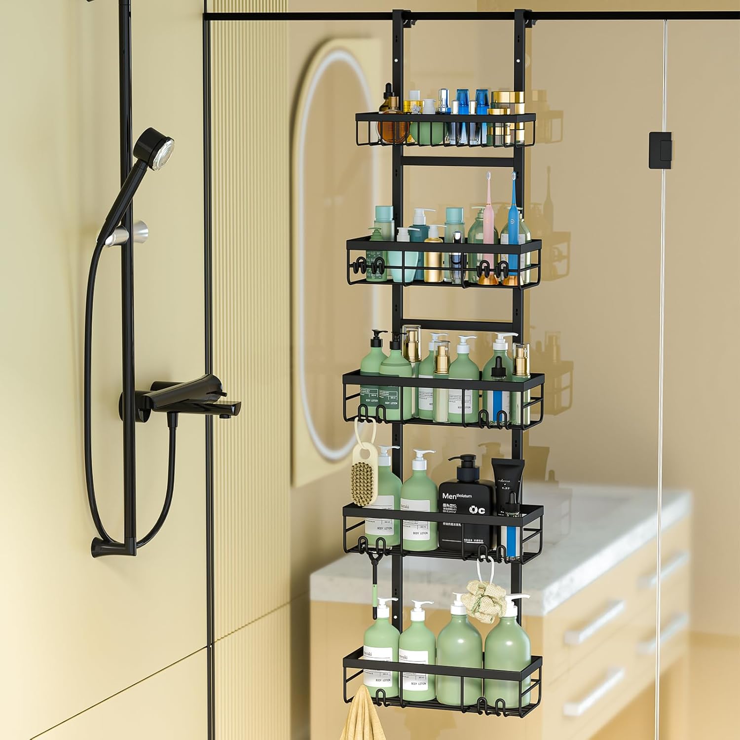 Thanps Over the Door Shower Caddy Adjustable,5 Tier Bathroom Hanging