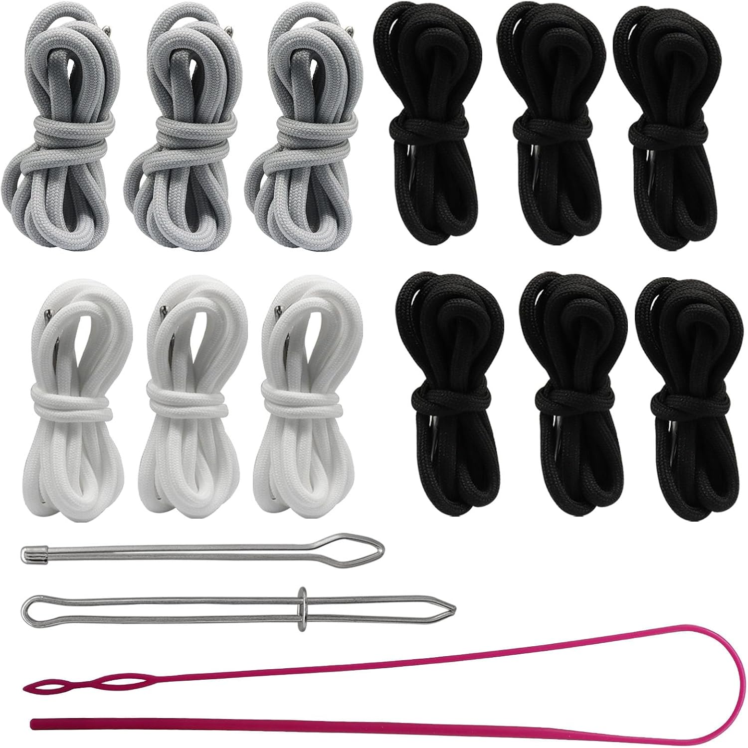 12 Pcs Drawstring Cord, Replacement Hoodie Strings with Threader Tool, Easy Threaders for Sweatpants/Pants (Black & White & Grey)