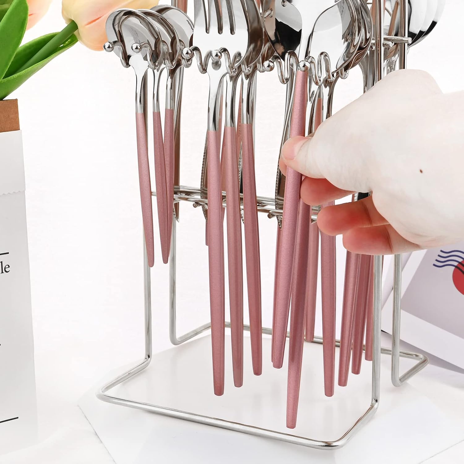 Pink Silver 24Pcs Flatware Set With Stand, Lightweight Dinnerware Set Stainless Steel Cutlery With Pink handles For Home Kitchen Wedding Party And Daily Use,Service For 6, Mirror Polish