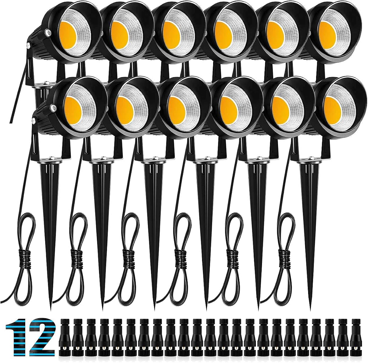 ZUCKEO Iluminación de paisaje de 10 W, luces LED de bajo voltaje para paisaje, IP66, focos de paisaje impermeables, luces para exteriores, 12 V, 24 V, 1000 lm, blanco cálido (paquete de 12 con conectores)