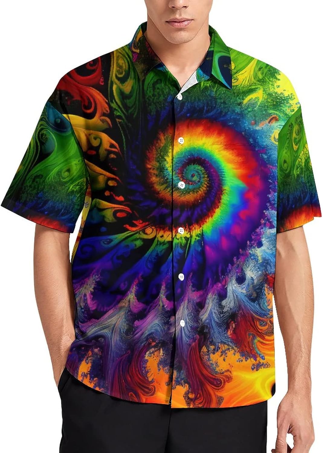 Hawaiian Mysterious Psychedelic Rainbow Totem Tie-Dye Lapel Pocket Short Sleeved Shirt Button Shirt - Image 2