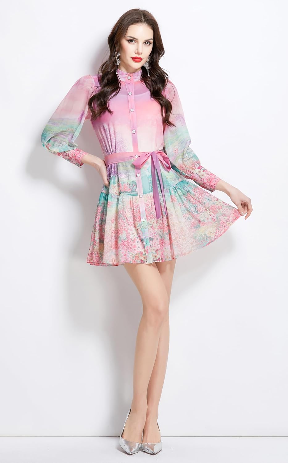 LAI MENG FIVE CATS Women's Floral Print Lantern Sleeve Ruffle Casual Button Belted Thin Loose Fit Mini Dress - Image 3