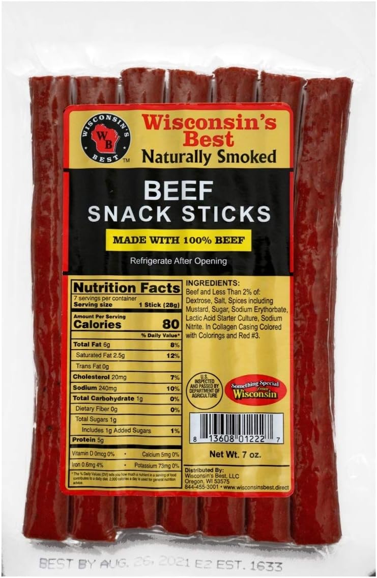 Wisconsin's Best -100% Beef Snack Sticks (7-1 oz. Sticks) Healthy Protein Snack. Great for Lunch Bags, Hiking & Biking. Keto-Friendly, Low Carb, Low Sugar, High Protein Snacks. Great for Father's Day
