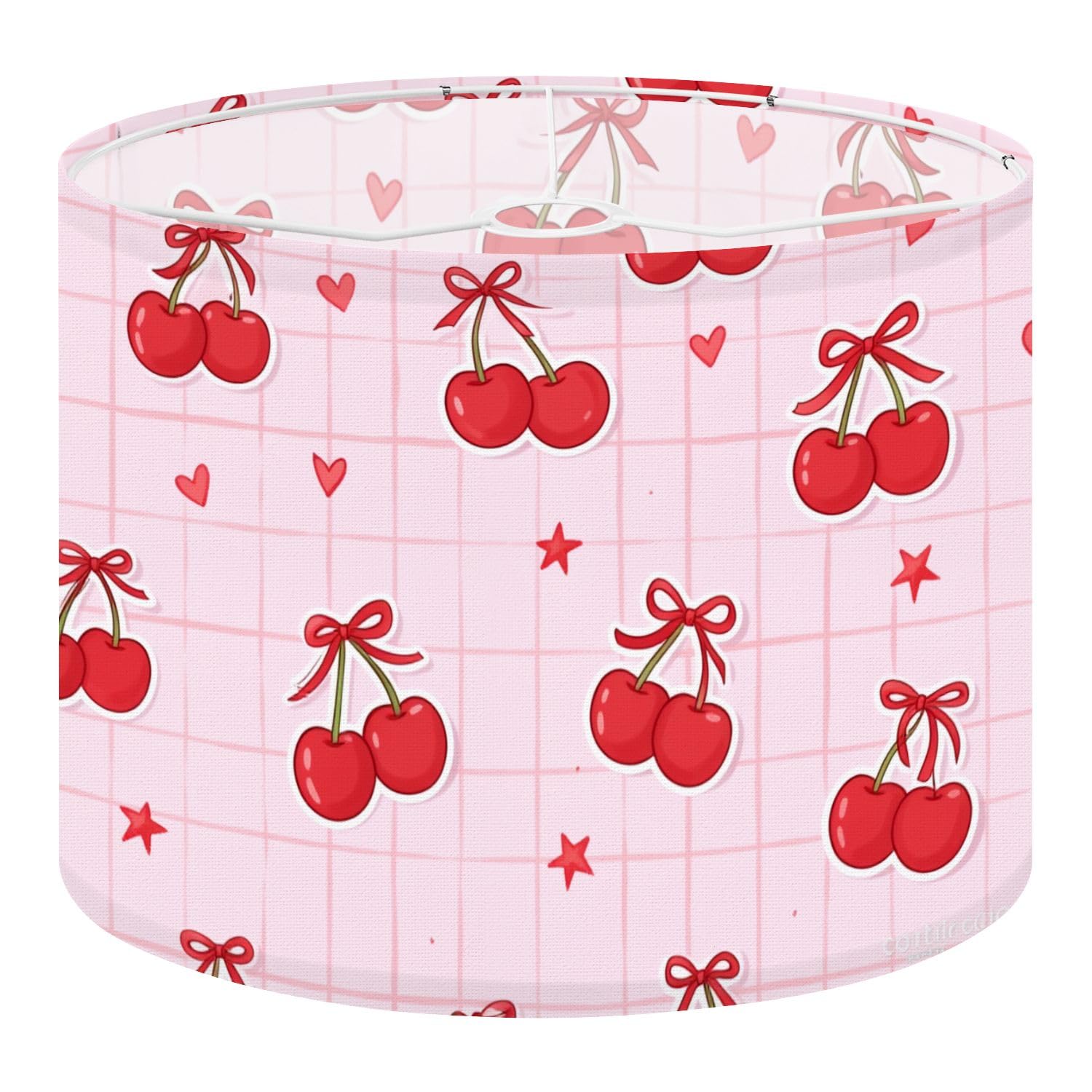 Fabric Round Drum Lamp Shade Cute Cherry Bows Stars Pink Vintage Medium Linen Decorative Assembly Replacement Lampshades 13inch Set of 1 for Table Lamps, Floor Lamps,Ceiling Lamp