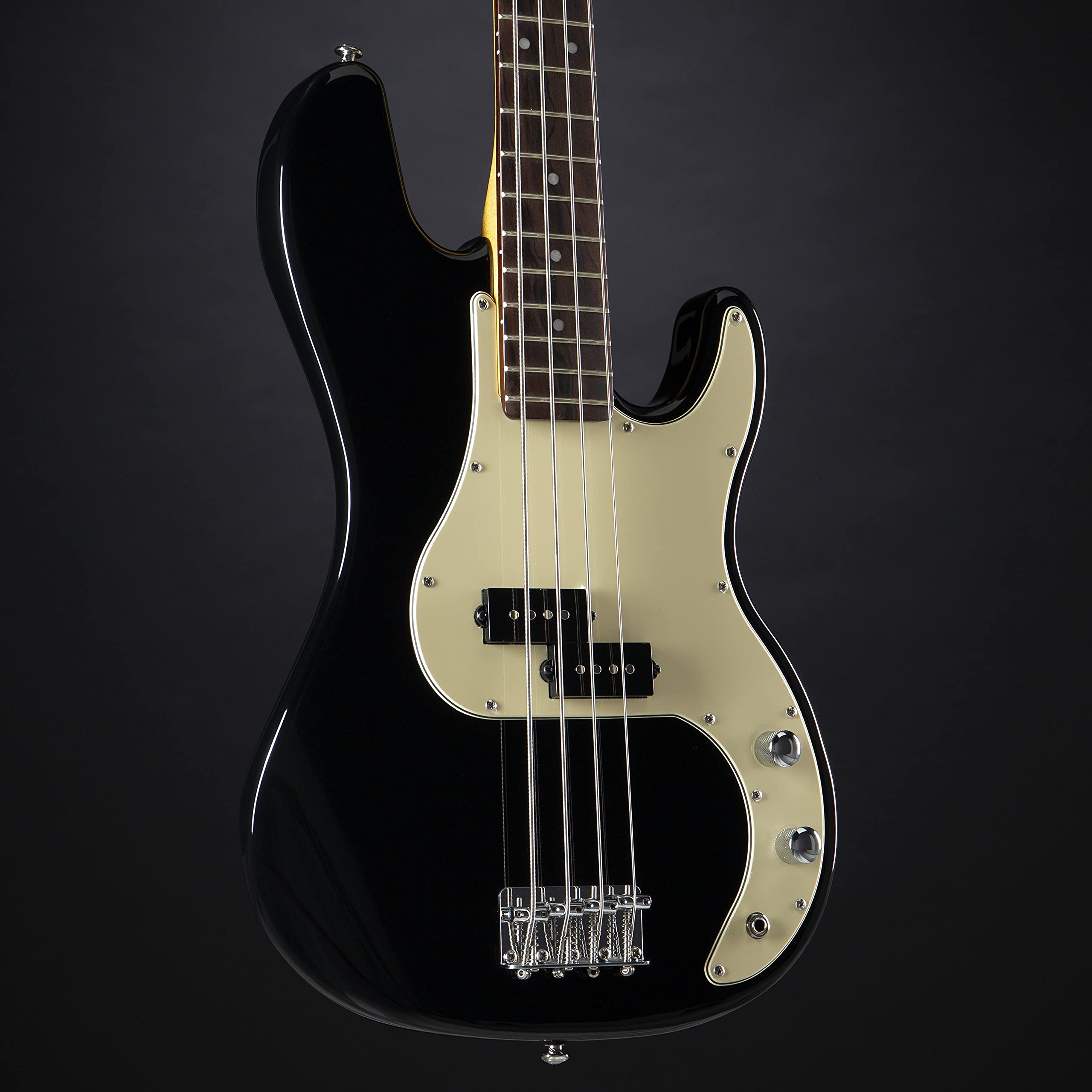 J & D E-Bass, Elektrische Bass Gitarre mit 4 Saiten und Linde Korpus, P Bass mit Split-Coil Tonabnehmer und passiver Elektronik, Vintage 1963 Black