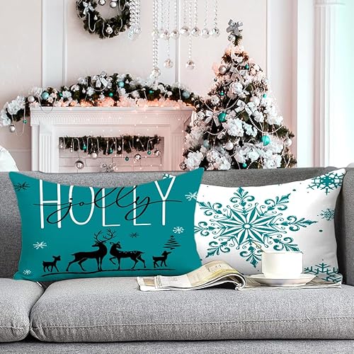 Miniatura 5 de Artmag Juego de 4 fundas de almohada de Navidad de 12 x 20 pulgadas, decoración de casa de campo, feliz día festivo, copos de nieve, decoración de