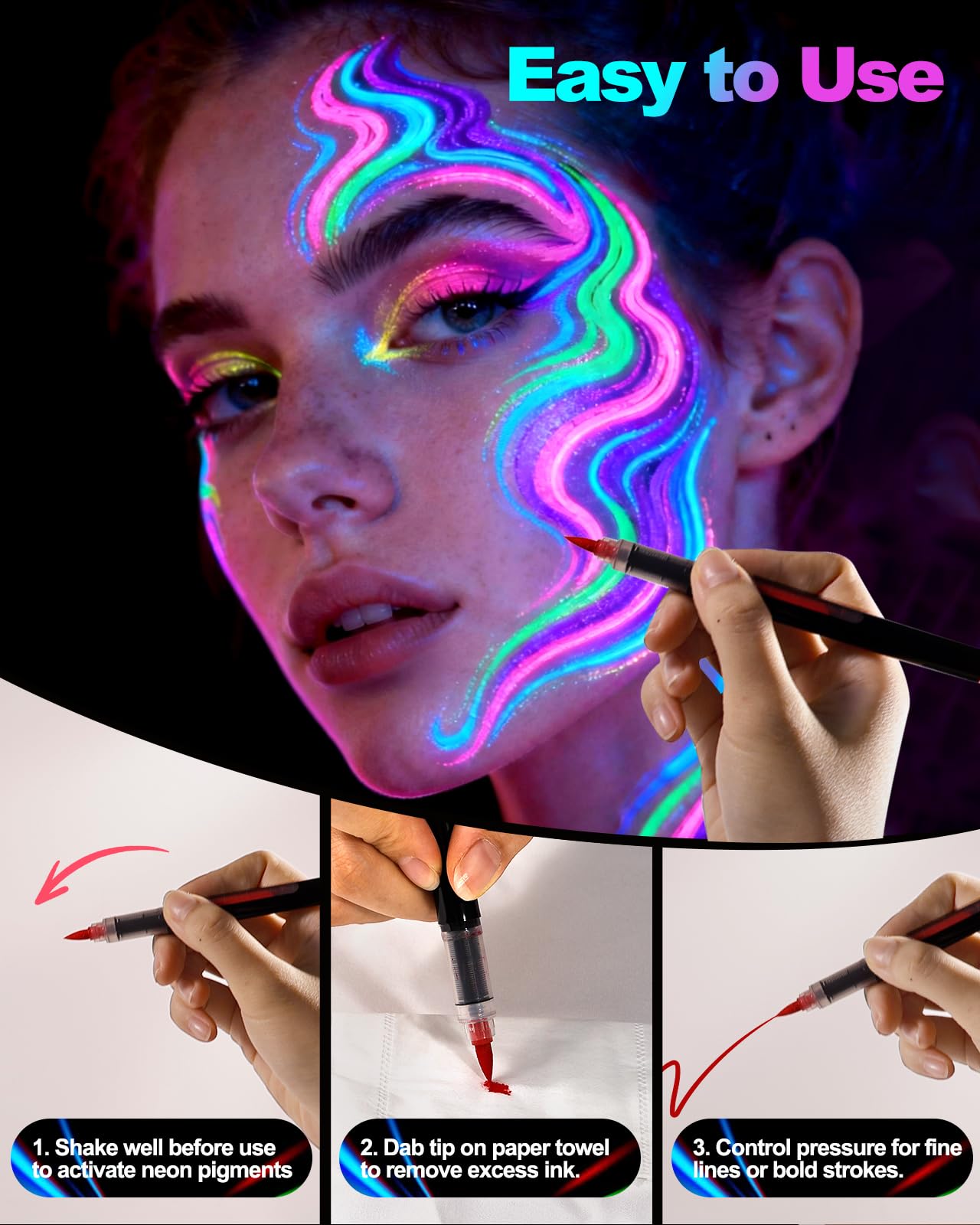 Glow Party UV Gesichts- & Körpermalstifte, Neon Schwarzlicht Bodypaint Marker, fluoreszierende Tattoo Stifte mit Leuchtstickern