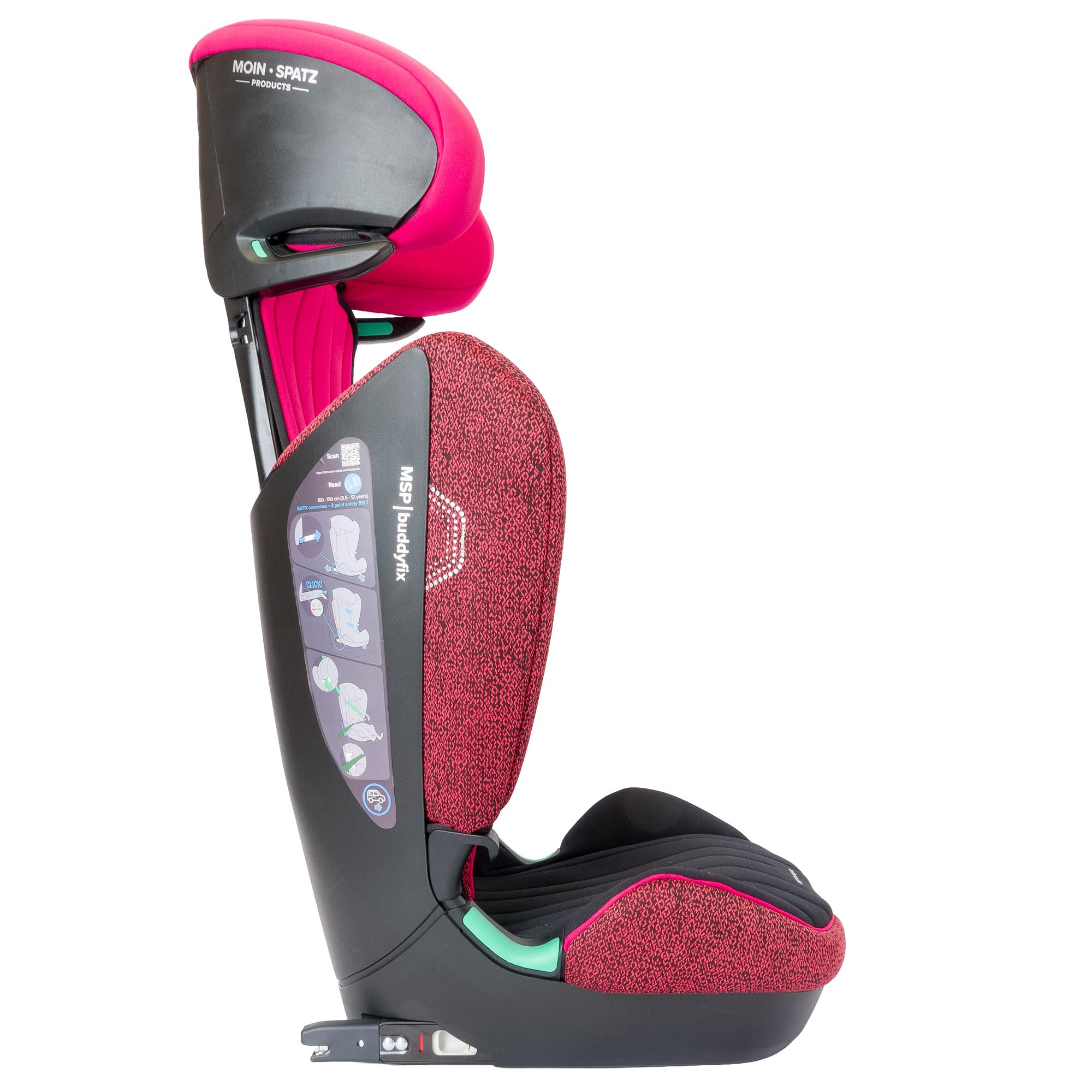 buddyfix Kindersitz 15-36 kg, 100-150 cm, ab 3 Jahre, Pink/Schwarz | Sitzerhöhung Auto Kinder mit Rückenlehne, für Autos mit und ohne Isofix, mitwachsend, UN R129, MSP, Moin Spatz Products