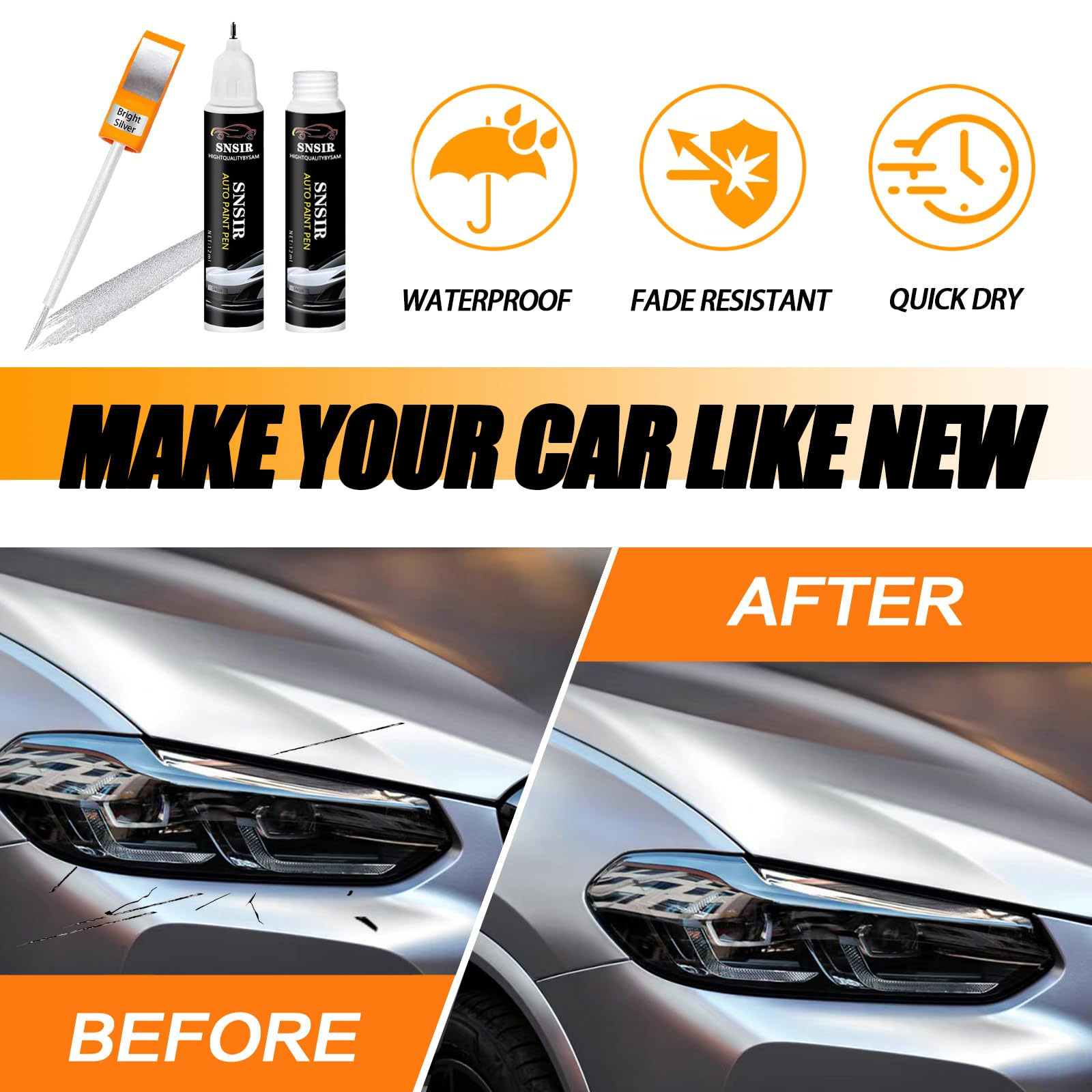 SNSIR Bright Silver Touch Up Paint For Cars, Automotive Car Paint Pen Scratch Repair Two-In-One Touch Up Paint, Premium Car Scratch Remover for Deep Scratches 0.4 fl oz (Bright Silver)