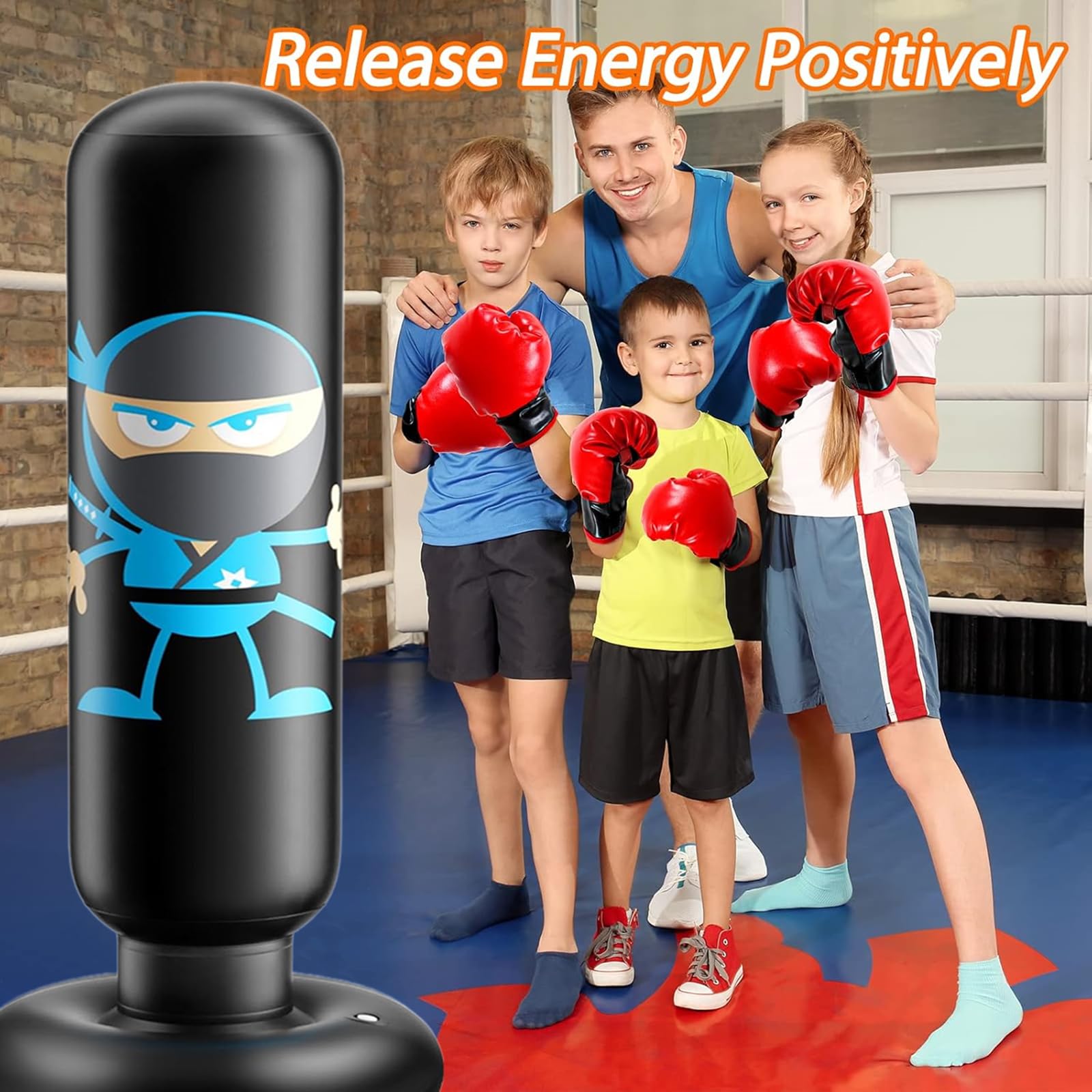 Sac de Frappe Enfant avec Gants de Boxe 165cm Ninja Gonflable Sac de Boxe pour Enfants 3-12 Ans Matériau épais Kit de Boxe pour Jeux Actifs et Réduction du Stress Cadeau pour Garçons et Filles - 4