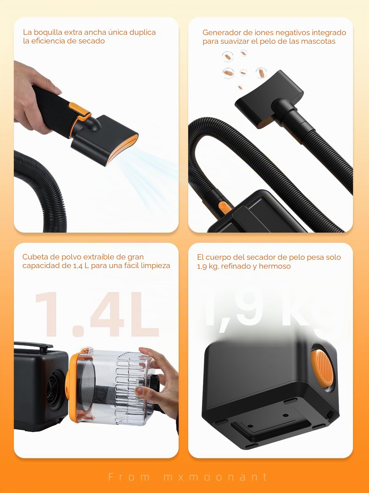 Mxmoonant Set 3-en-1 cuidado pelaje perro: aspiradora, secador, cortapelo | velocidad y temperatura regulables, 7 accesorios, bolsa y toalla incluidas