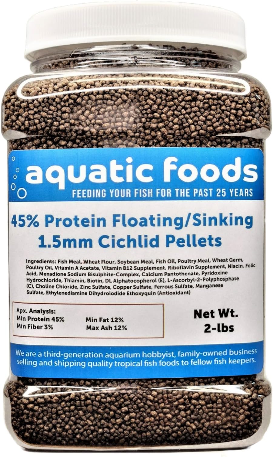 Aquatic Foods Inc. Cichlid Pellets, 45% Protein Floating/Sinking 1.5mm (1/16") Pellets for Smaller Discus,Oscars, Central American, South American Cichlids …2-lb Med Jar