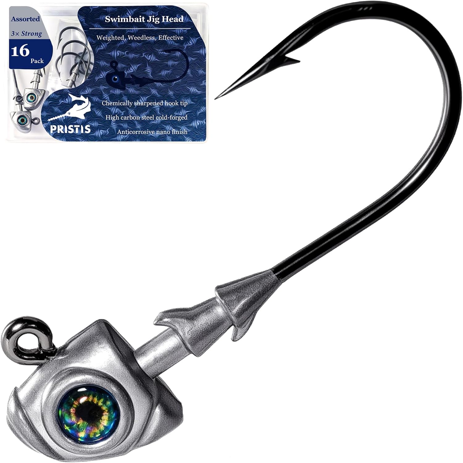 Pristis 16 Pack Swimbait Jig Head, Weedless Fish Eye Lead Jig Bait | 3X Strong Saltwater Weighted Stainless Steel Sharp Fishing Barbed Hook, for Texas Ned Fitness Rigs, Bait Kit for Bass Trout