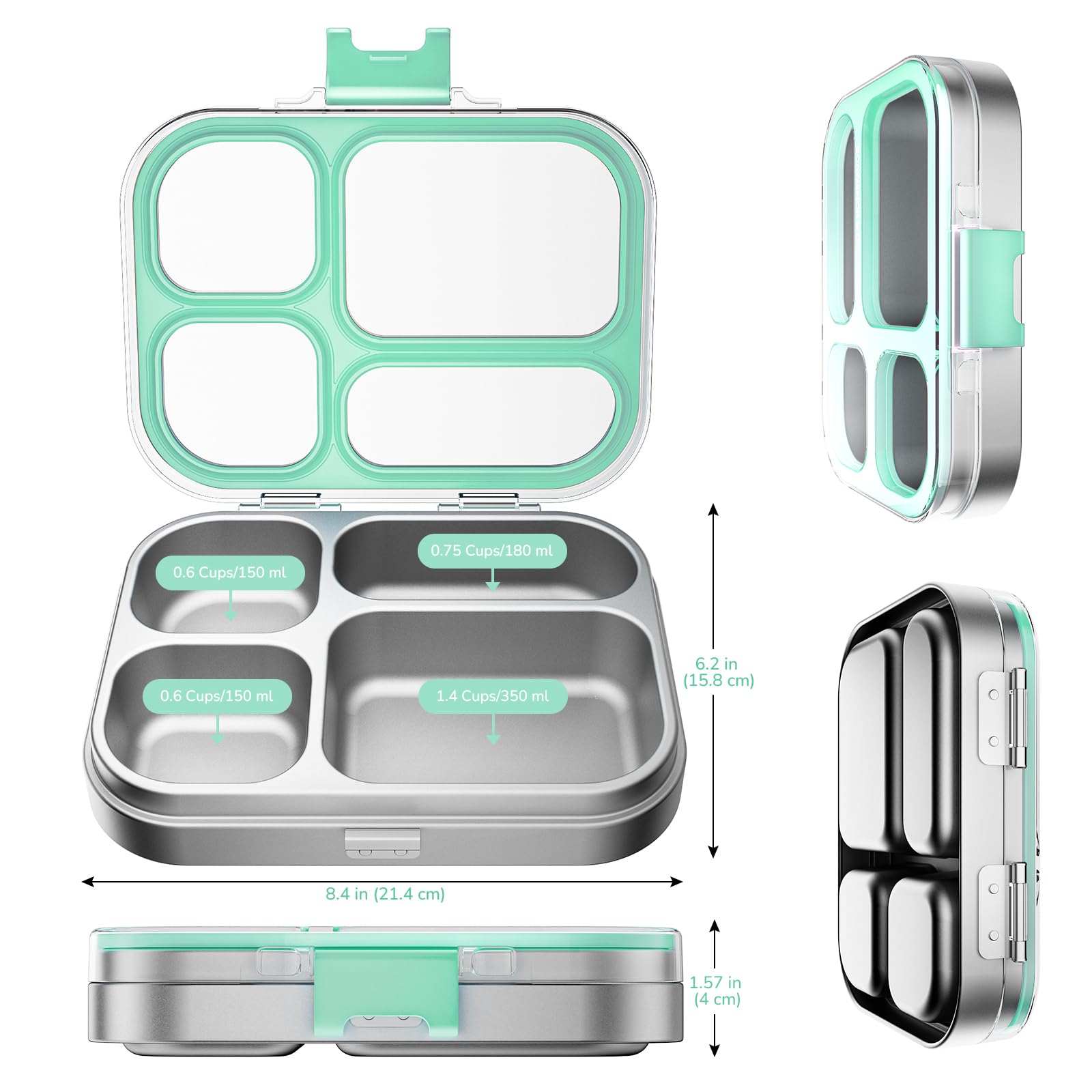 G.a HOMEFAVOR 800 ml Pudełko na lunch Bento ze stali nierdzewnej 304 dla dzieci, hermetyczne pudełko bento z 4 przegródkami, tacą na kanapki i sałatkę, nadaje się do zmywarki, zielony