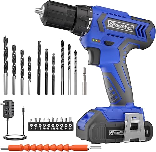 FADAKWALT Juego de taladro inalámbrico de 20V MAX, kit de taladro eléctrico con batería de iones de litio y cargador, portabrocas sin llave de 38