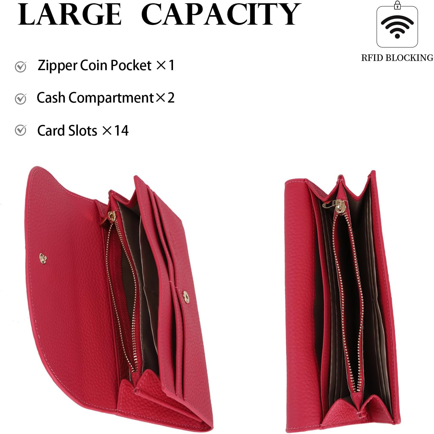 Ladies Purse RFID Blocking Genuine Leather Large Capacity Slim Wallet for Women, Rose Red, L, Casual image 4