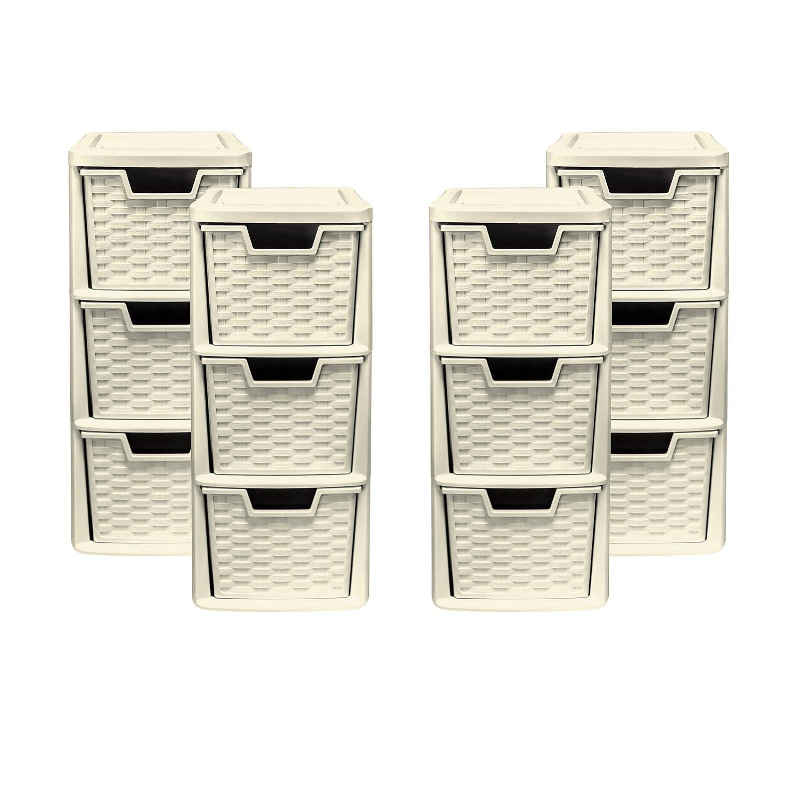 3 Drawer Medium Rattan Tower Unit - Cream, Set of 4 Units - 47cm (H) x 19cm (W) x 26cm (D)