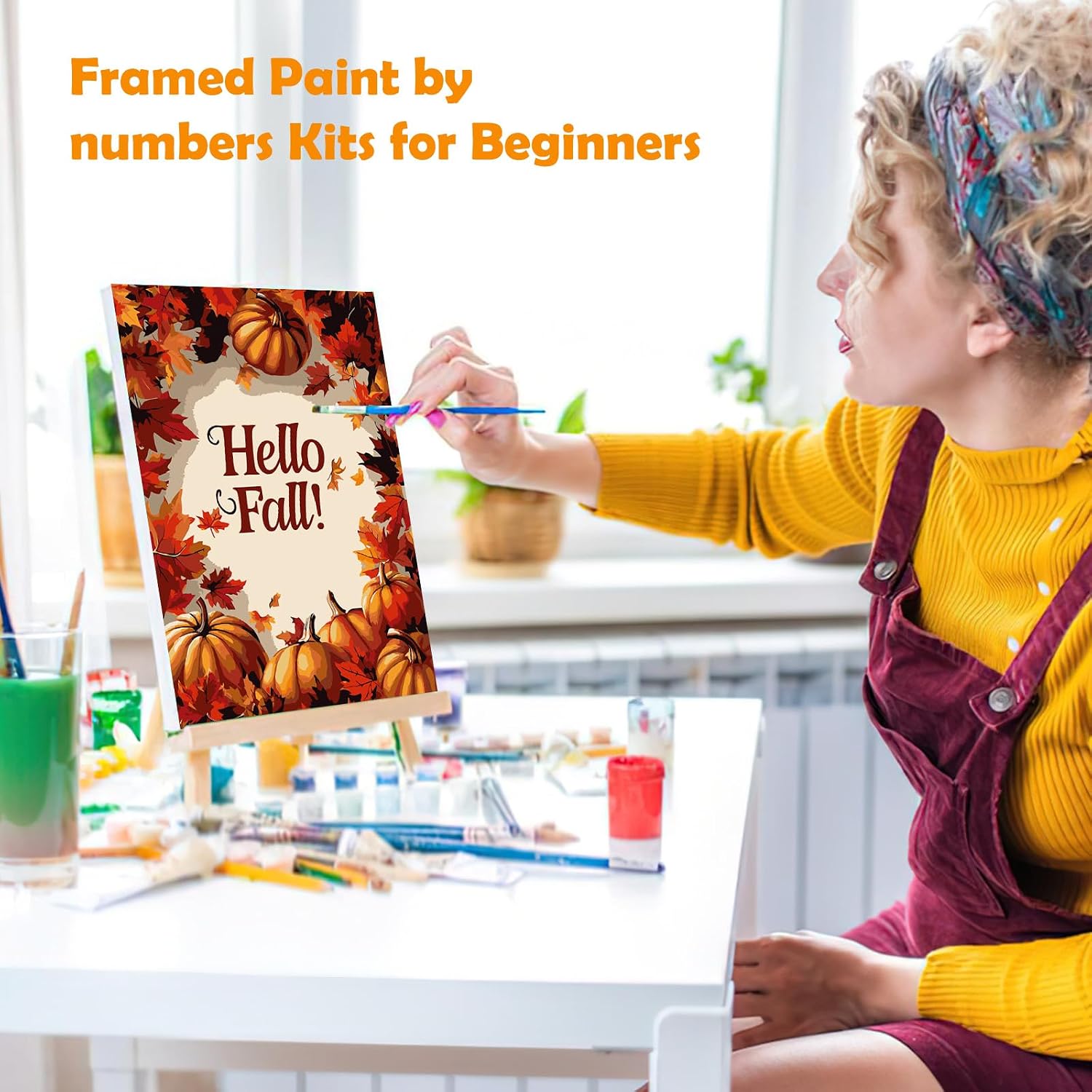 MOGTAA Fall Paint by Numbers Kit for Adults Beginners with Frame, Pumpkin Adult Paint by Number Kits on Canvas with Easel, Easy DIY Oil Painting Kits for Home Decor, 8x12in image 4
