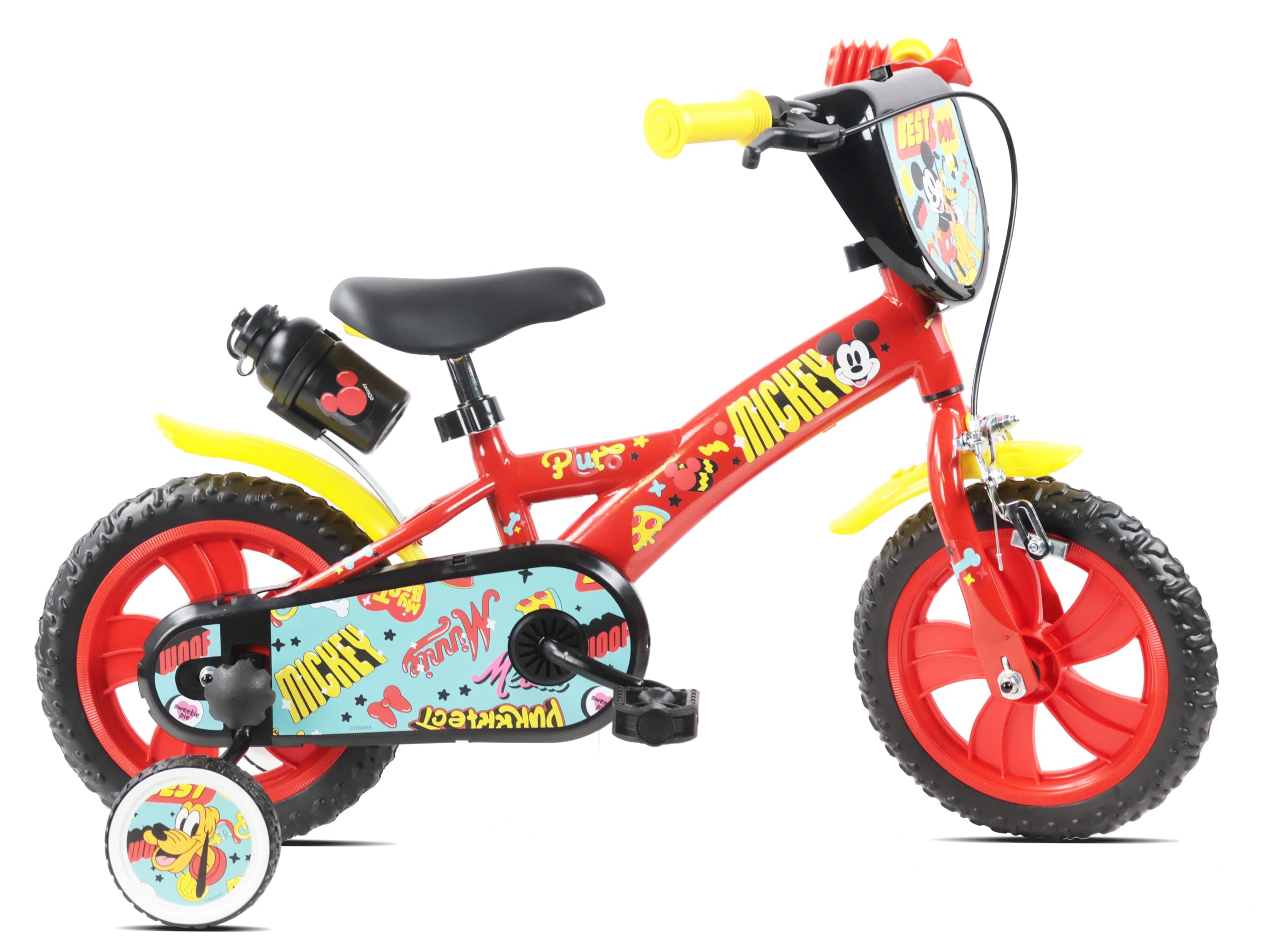 Denver Bike Bicicletta Bambino 12 Pollici Licensed Mickey, 2-4 Anni, Rotelle Removibili, Freno Anteriore Caliper, Telaio Acciaio, Ruote EVA Antiforatura, Borraccia e Scudo