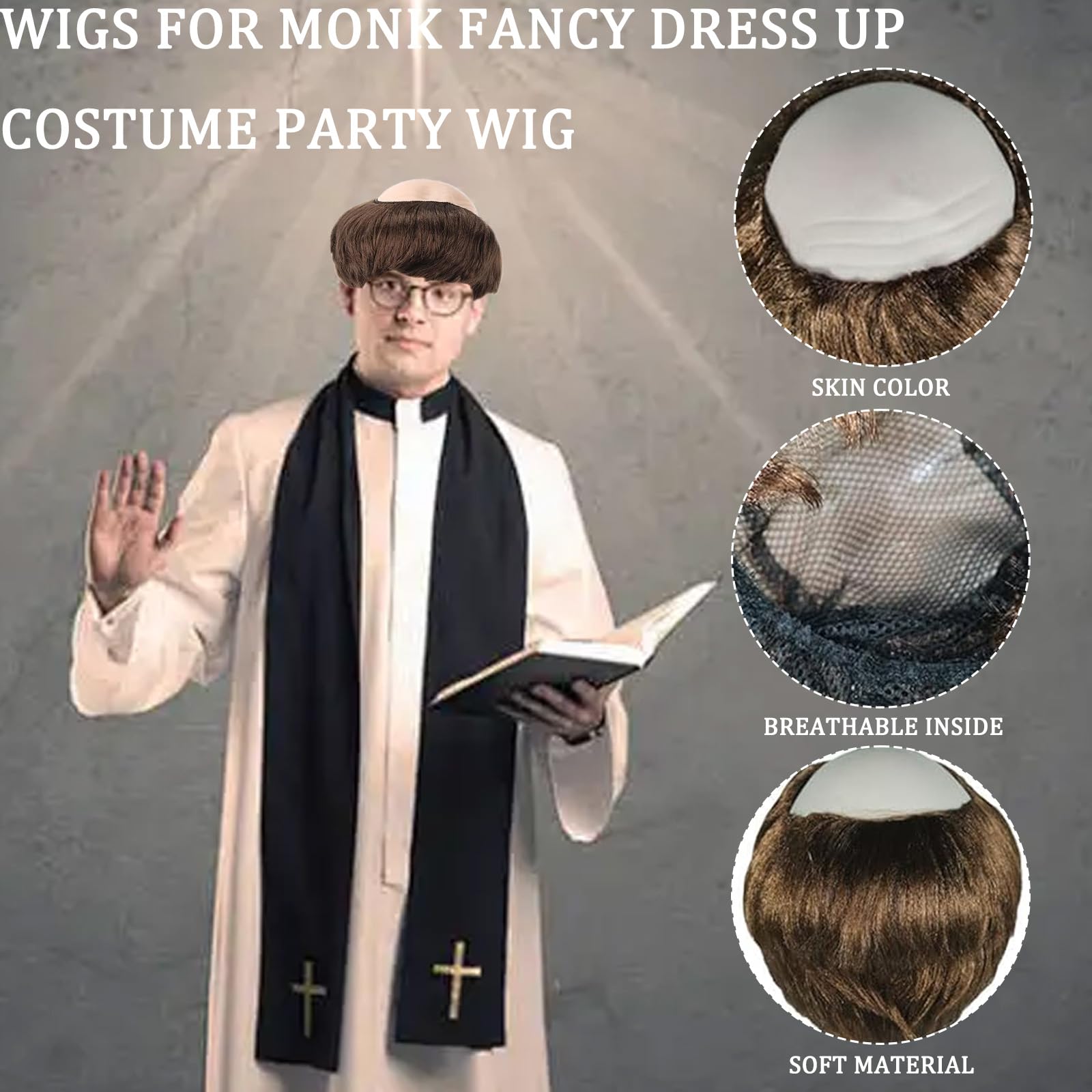 QSZHSL Peluca Calva Divertida Marrón Para Adultos - Disfraz De Monje O Calvo Con Gafas, Ideal Para Halloween Y Fiestas
