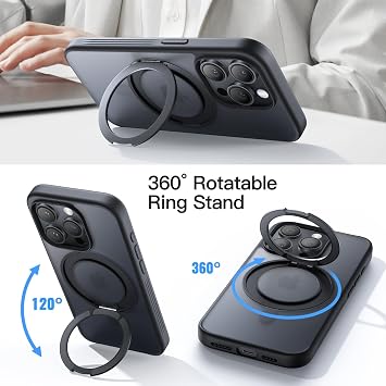 JETech 360° Rotatable Ring Stand Case for iPhone 15 Pro Max, Black Titanium