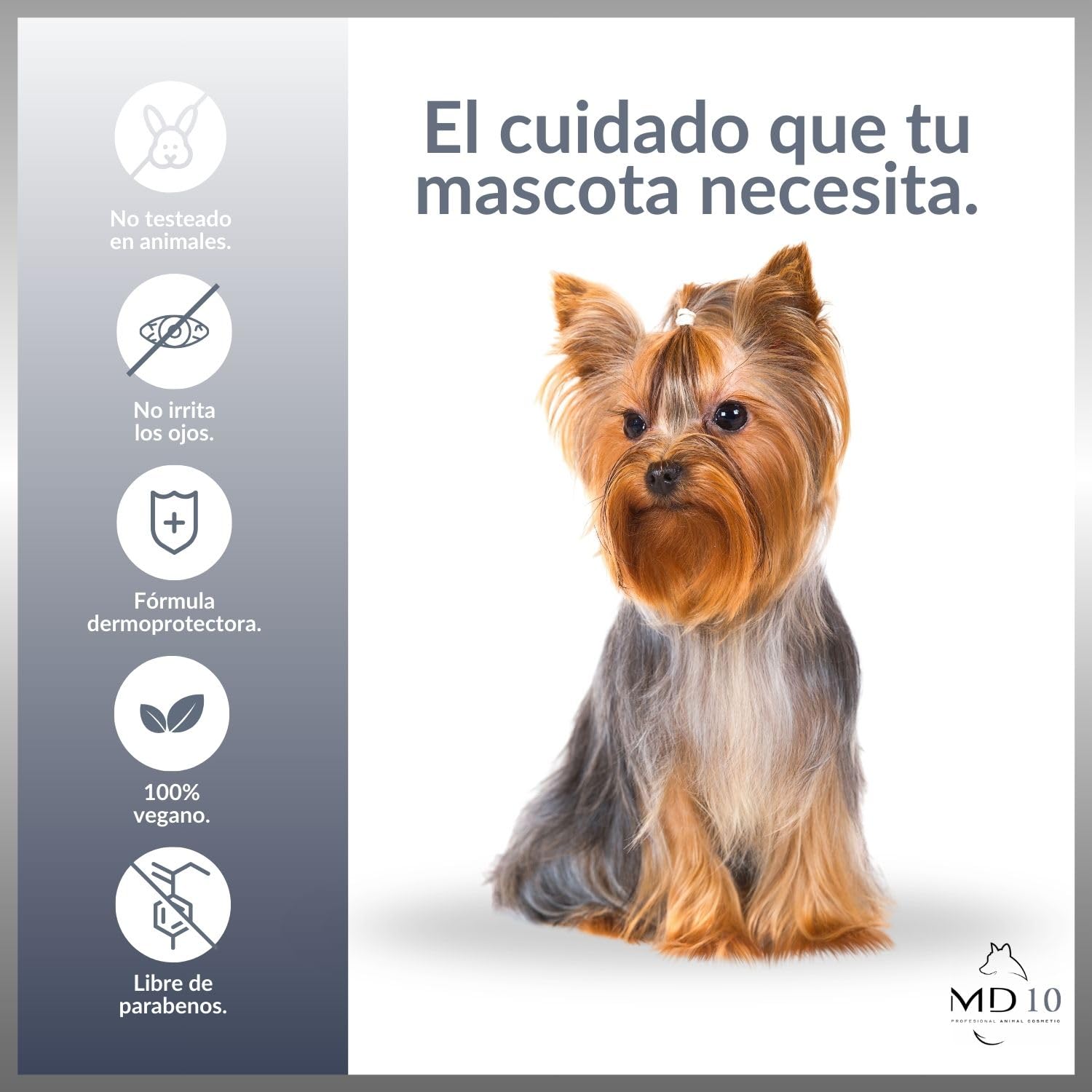 Pack Productos para Yorkshire Terrier - Champú para Perros 2 litros, Acondicionador Perros Efecto Caída 500g, 2 Botellas Mezcladoras - Vegano y Biodegradable - Fabricado en España - MD10 Collection