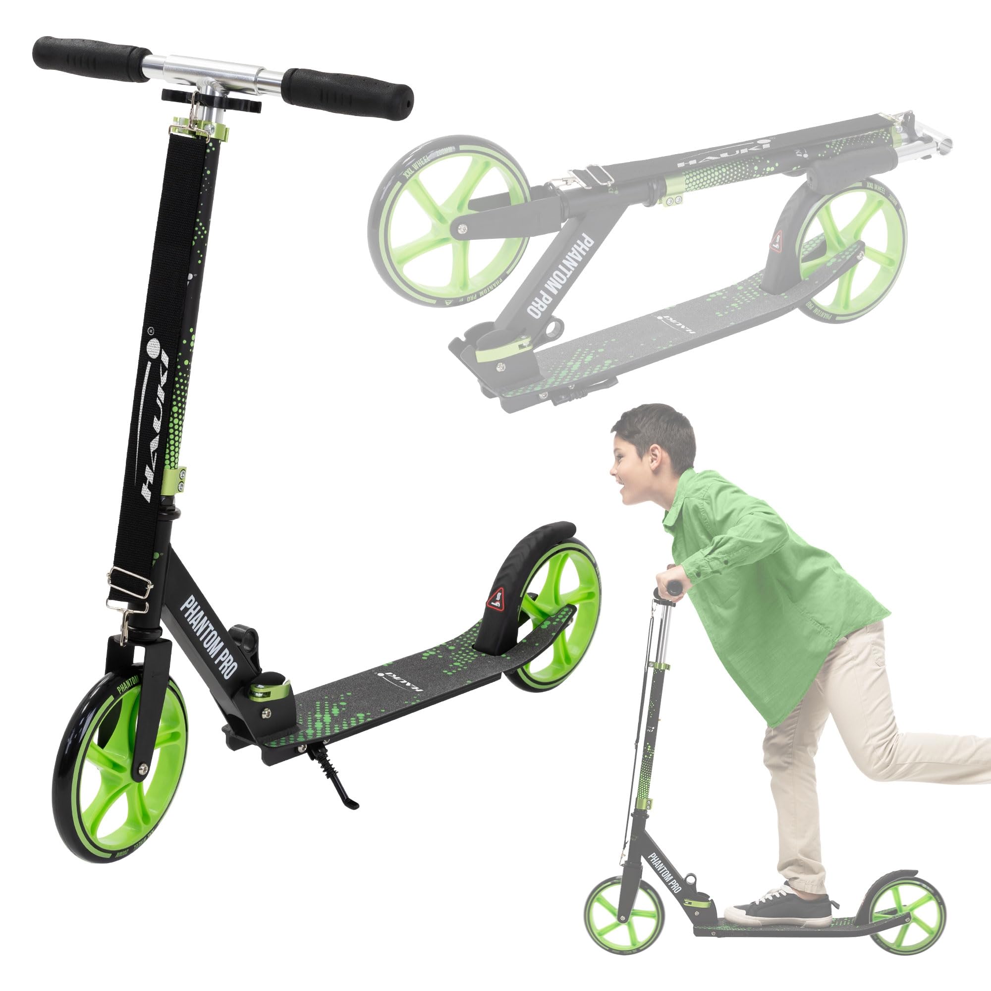 Hauki Monopattino da Città Verde o Rosa, Pieghevole e Regolabile in Altezza, con Ruote XXL e Freno al Pedale, Scooter Urbano per Bambini e Adulti con Cavalletto e Tracolla, Patinete a Spinta