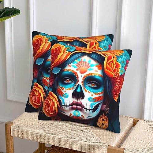 Miniatura 4 de 2 fundas de almohada del Día de los Muertos, fundas de almohada decorativas para mujer, diseño de calavera mexicana, funda de cojín cuadrada para
