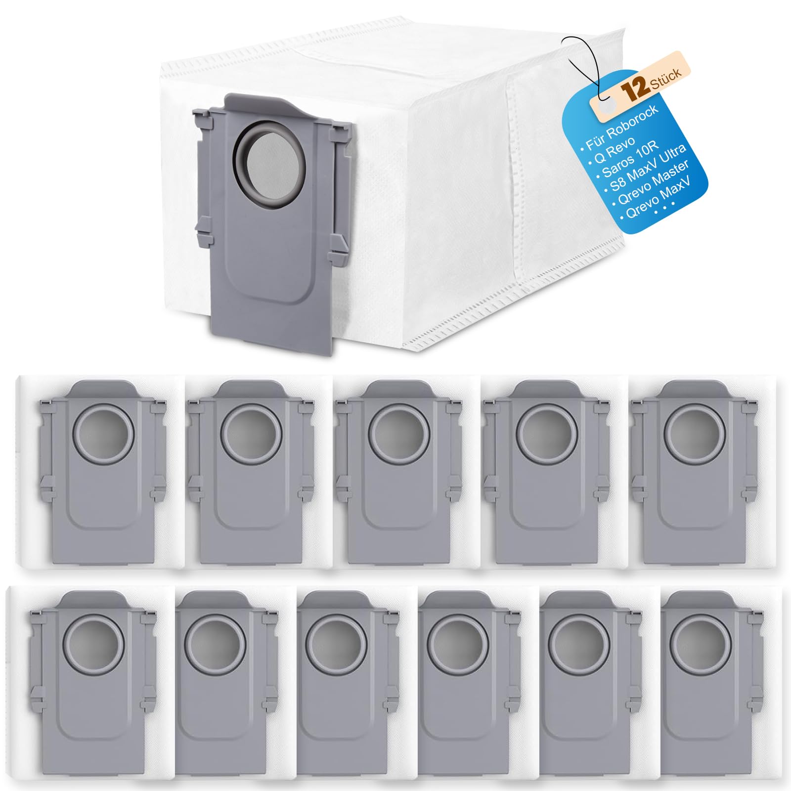 12 Stück Staubbeutel Zubehörset für Roborock Saros 10/10R/S8 MaxV Ultra/Qrevo Pro/Q revo/Qrevo MaxV/Qrevo S/Qrevo master/S8 Max Ultra Roboter Staubsauger Teile, 3,0 l große Kapazität Staubbeutel