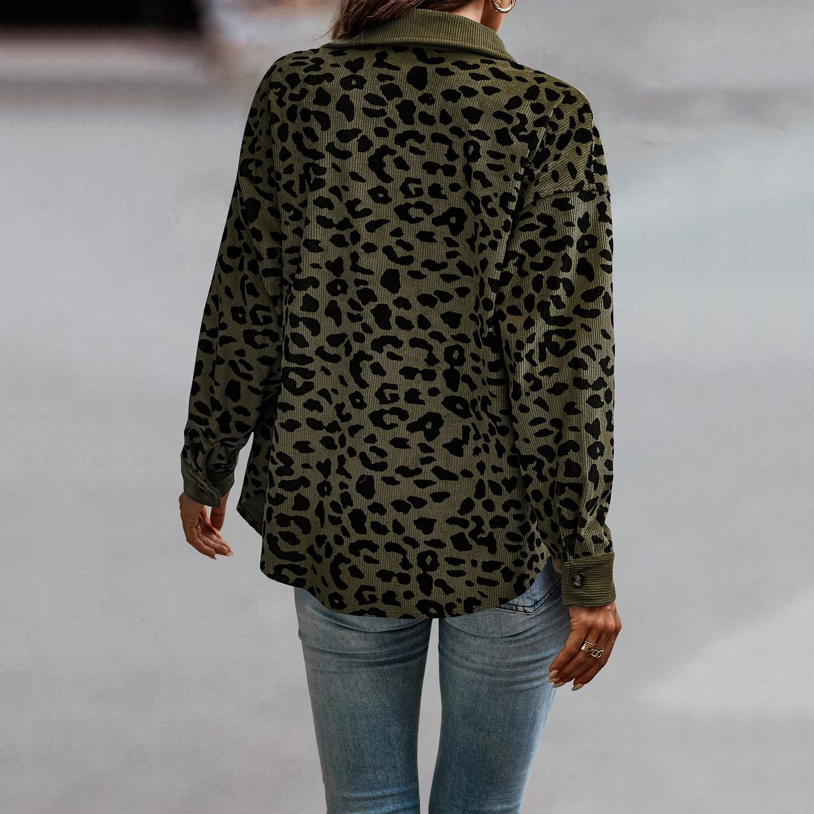 Generisch Damenbekleidung Damen Button-Down-Hemden mit Langen Ärmeln, übergroße Cordhemden mit Leopardenmuster, Lange Ärmel, Jacken, Mäntel mit Taschen Damen Mantel Hochzeit (Army Green, S)