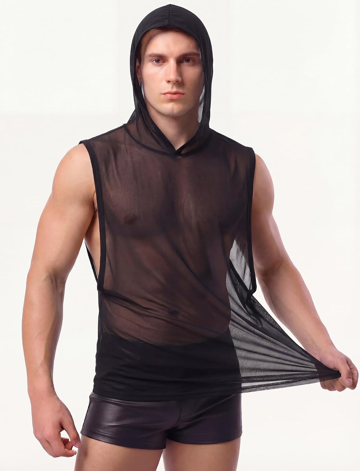 SEAUR Men's Hooded Sheer Mesh Sleeveless Tank Top See Through Breathable Vest Casual Party Rave Music Festival Muscle Top
