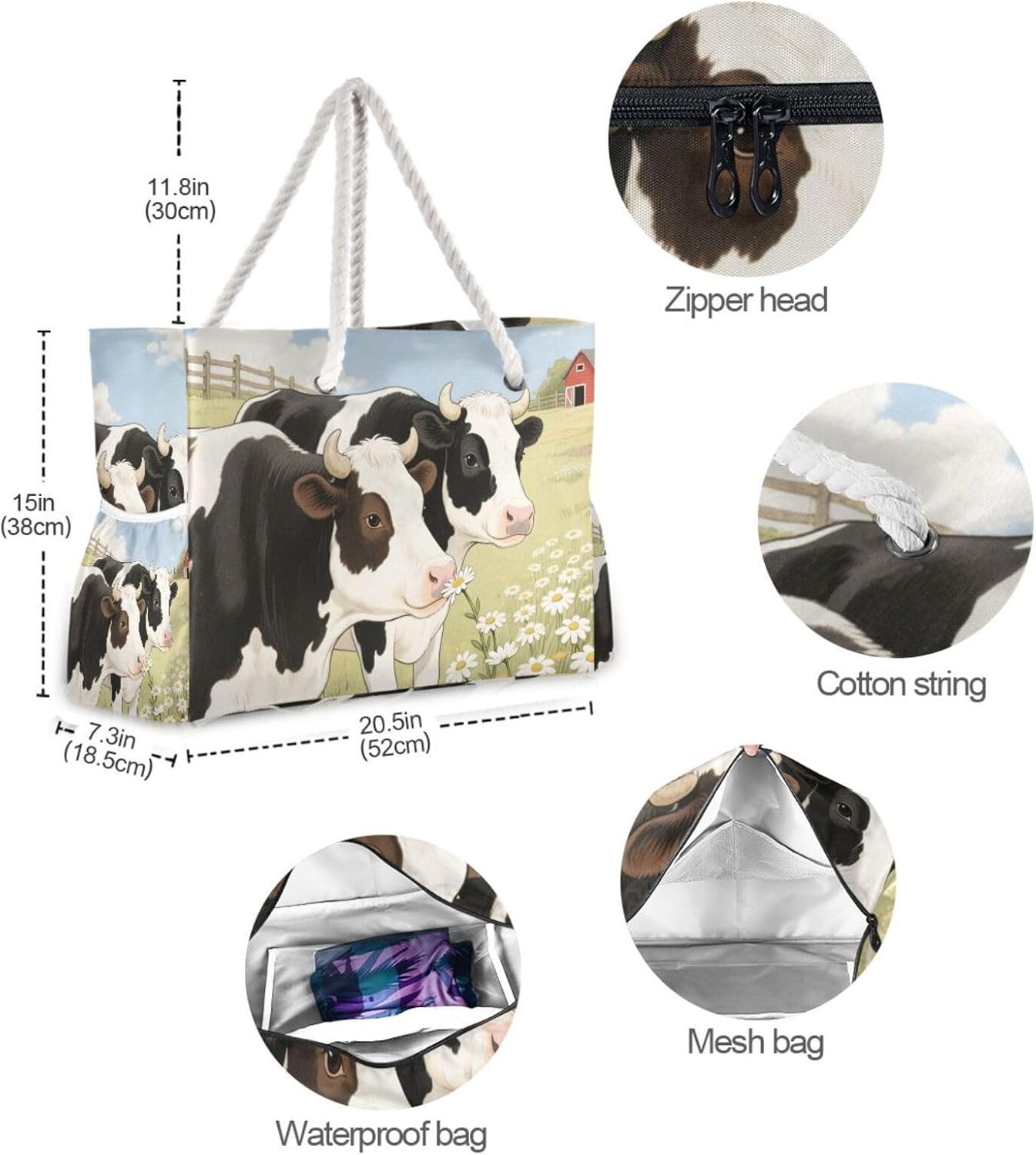 OTVEE Cows and Chamomiles Pattern Beach Bags for Women Ladies Large Canvas Tote Shoulder Bag Waterproof Travel Bags for Gym Swim Pool Camping