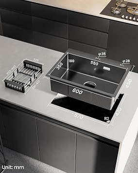 Sink 60 x 45 cm black kitchen sink anthracite stainless steel modern built-in sink rectangular stainless steel sink for base cabinets from 60 cm sink kitchen sink with tap hole Modern stainless steel sink for base cabinet from 60 cm anthracite sink kitchen sink with tap hole