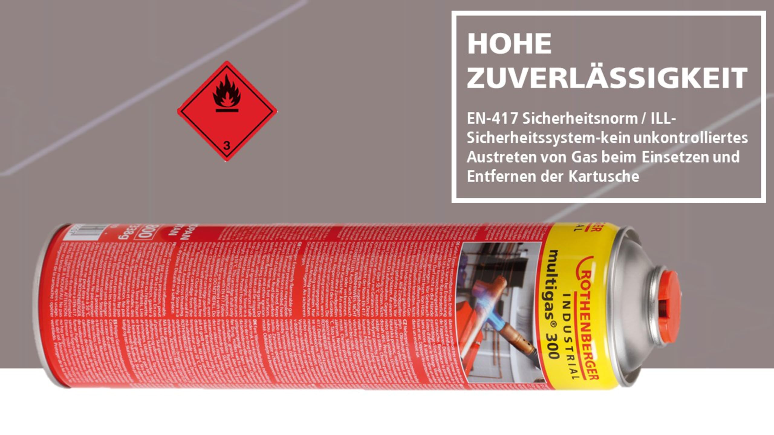 ROTHENBERGER Industrial Multigas 300 Gas Kartusche | 600 ml | 338g | Anschluss: 7/16“ EU | Norm EN 417 selbstverschließend | 4 Stück