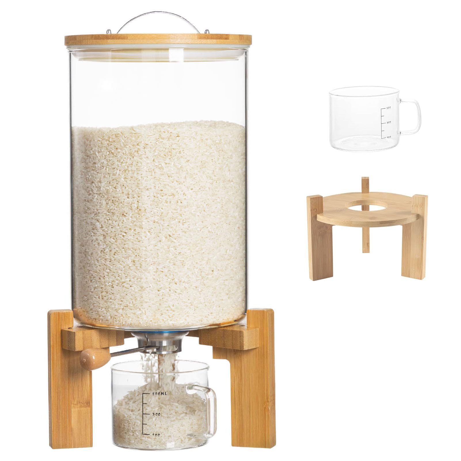 Dispensador de arroz de vidrio con soporte de madera y diseño minimalista