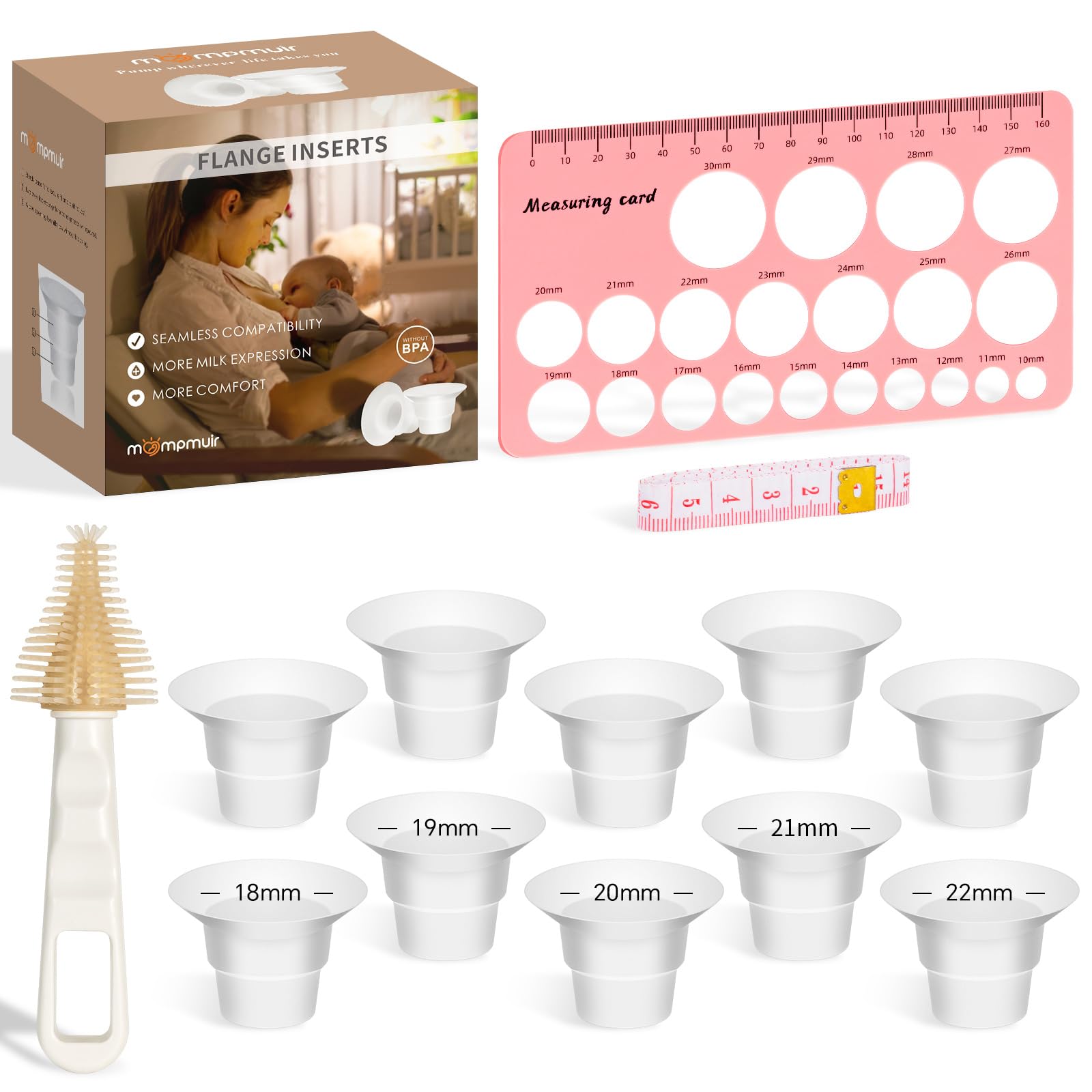 Flange Inserts 10PCS 18/19/20/21/22mm for 24mm Pumps, Flange Sizing Kit Compatible with Medela Elvie Lansinoh Spectra Momcozy Breast Pump Accessories, Breastfeeding Essentials Kit for New Mom