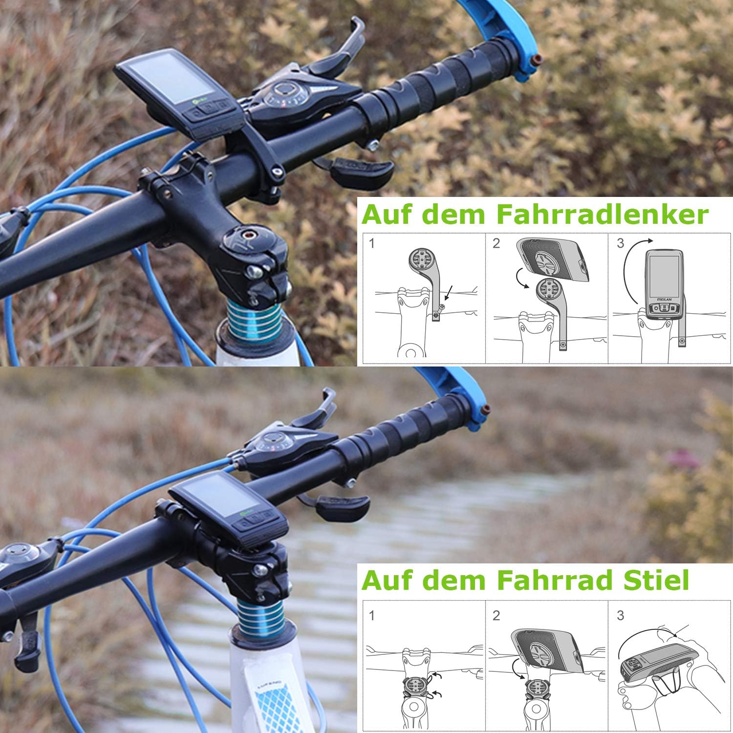 Installation diagrams for handlebar and stem mounts
