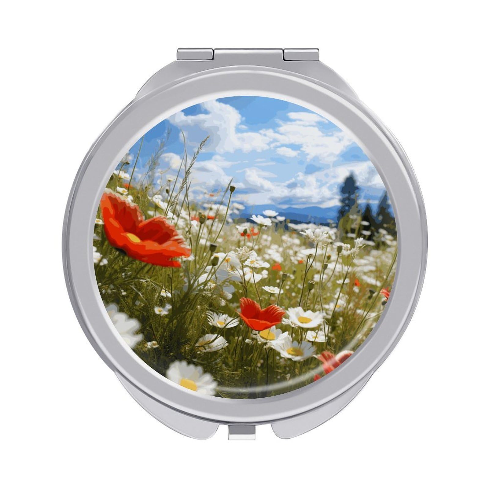 FekiLoot Meadow and Daisy Flowers Makeup Mirror Compact Round Travel Makeup Mirror Portable Folding Handheld Pocket Mirrors for Handbag and Purses Gift Mini Mirrors
