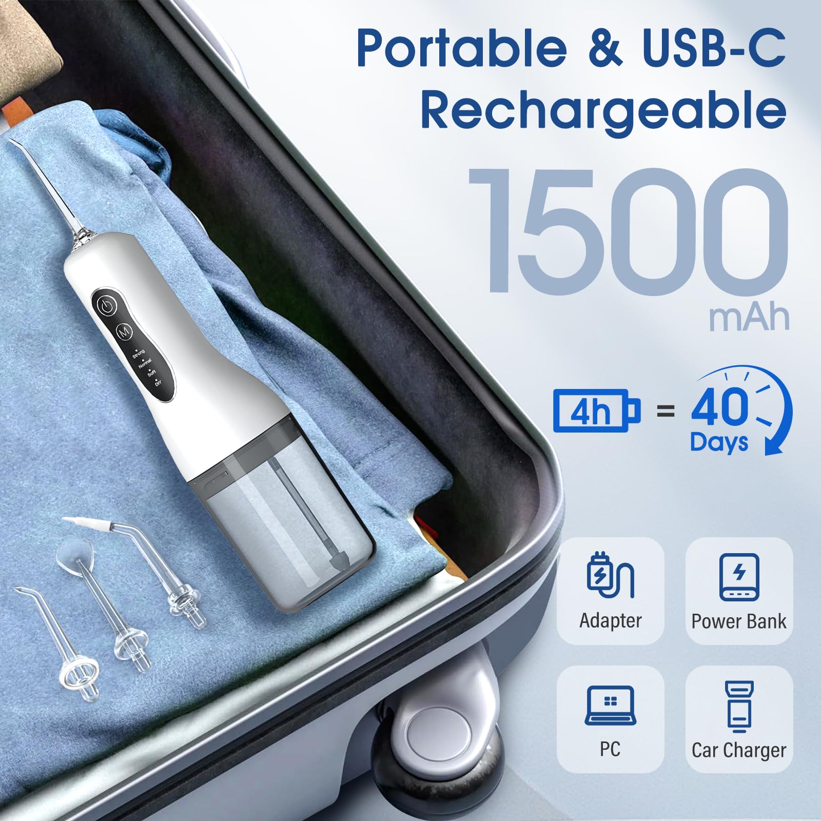 Irrigador Dental, Irrigador Bucal Portatil, 260ML Water Flosser Profesional, 4 Modos 5 Boquillas, Impermeable USB Recargable,20-140 PSI para Limpieza Dientes,Para el Hogar y los Viajes,IPX7 - 5