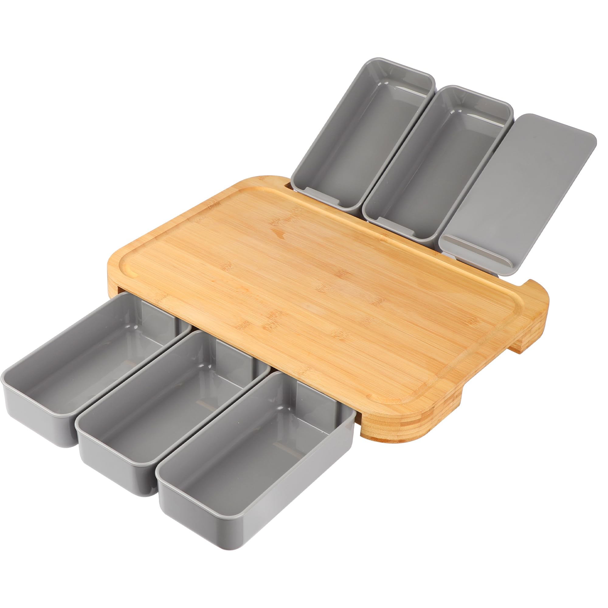 WELTRXE Bambus-Schneidebrett mit Behältern, XXL großes Holz-Schneidebrett 7er-Set (ein 42 x 31 x 3,7 cm Brett + 5 Kunststoffbehälter mit Deckel + 1 Smartphone-Halterung)