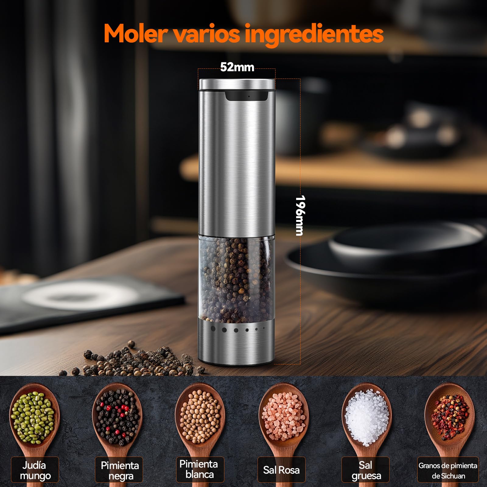 VOXON Molinillo Pimienta Eléctrico Set de 2, Salero y Pimentero con Recarga USB, 5 Niveles Ajustables, Pimentero Eléctrico Automático con Luz LED – Saleros de Cocina para BBQ y Hogar