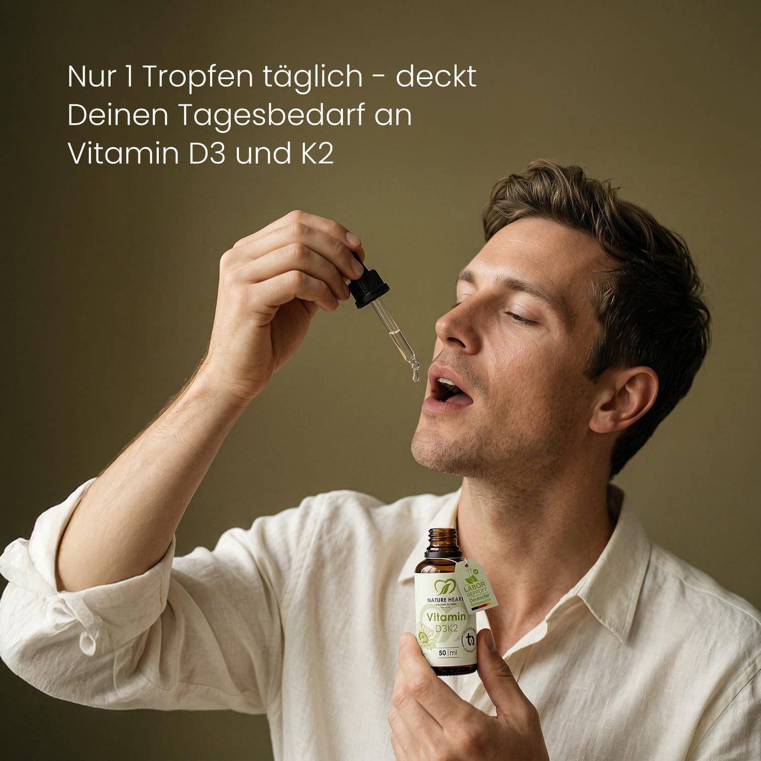 Nature Heart Vitamin D3 K2 Tropfen hochdosiert 50ml – 1.000 I.E. D3 pro Tropfen mit K2 MK7 in MCT-Öl aus Kokos – für Knochen, Zähne, Muskeln & Immunsystem – ohne unerwünschte Zusatzstoffe