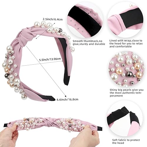 Miniatura 3 de OAOLEER Paquete de 6 diademas de perlas para mujer con bandas elásticas vintage anudadas para el cabello