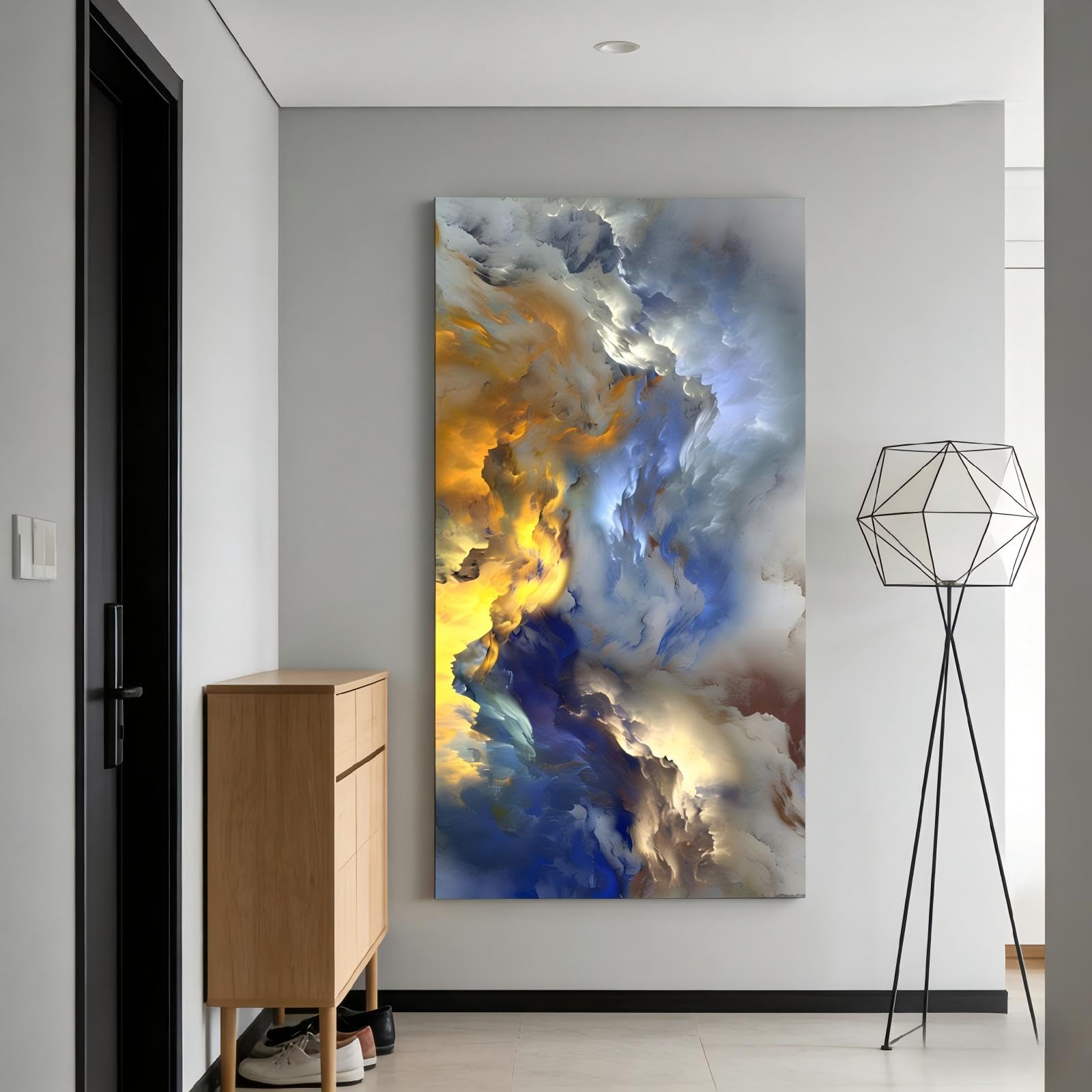 RGsixiot Tableau sur Toile Abstrait Vertical Nuages Bleus et Dorés