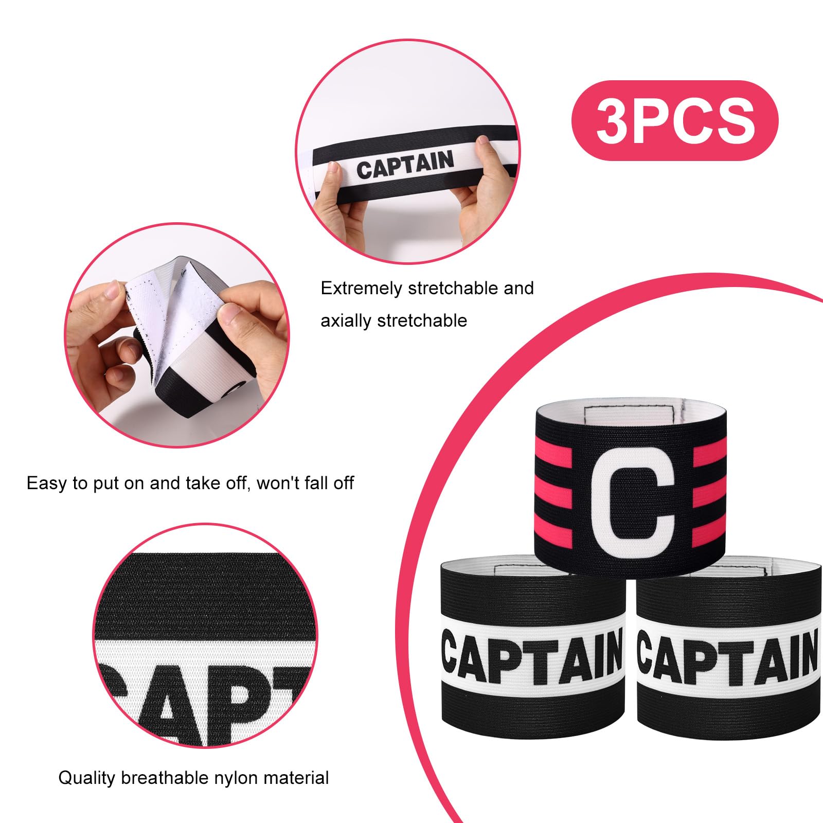 3pz Fasce Capitano Calcio, Bracciali Regolabili Traspiranti Fascia Capitano Sport Accessorio per Calcio Rugby Basket Giovani e Adulti